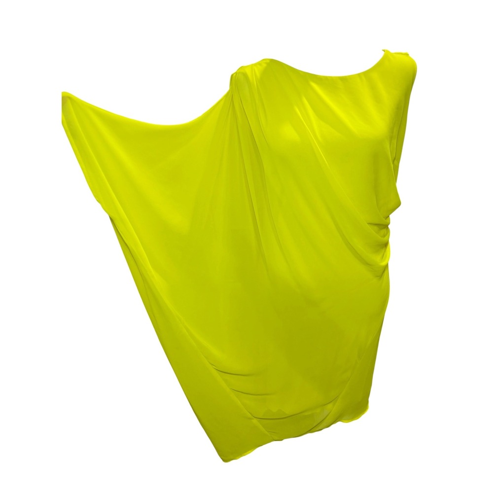 Bebe Neon Yellow Draped Bodycon‎ Shift Dress Large Sleeveless Asymmetric Hem - Picture 2 of 10